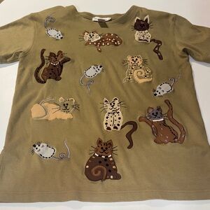 Cute Vintage Bechamel Cat‎ and Mouse Embroidered Olive Green T-Shirt